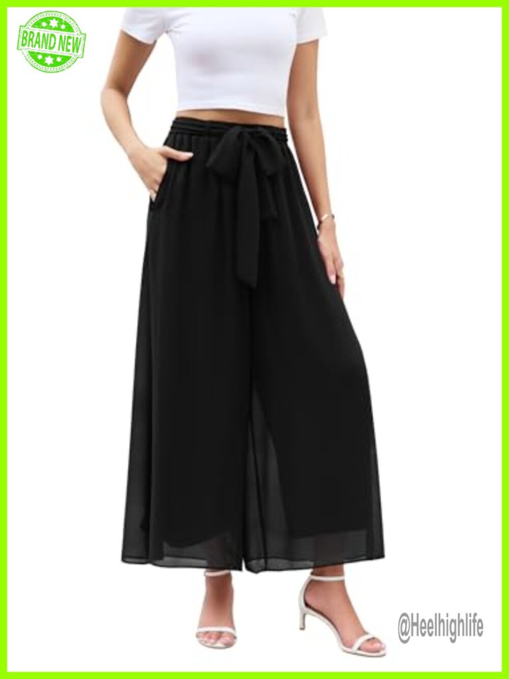 Women's Wide Leg Chiffon Dress Pants Elastic High Waist Palazzo Trousers